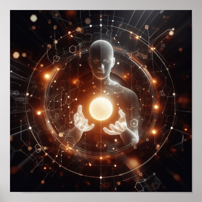 Eine digitale Lebensform, die mit einem virtuellen Poster (Vorne)