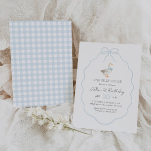 Eine dumme Gans Blau Gingham Bogen Bogen 1. Geburt Einladung