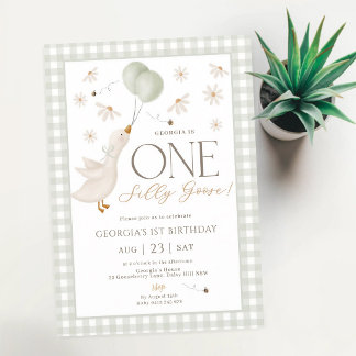 Eine dumme Gans Junge 1. Geburtstag Salbei Gingham Einladung