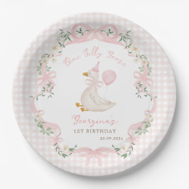 Eine dumme Gans rosa Schleife Gingham 1. Geburtsta Pappteller