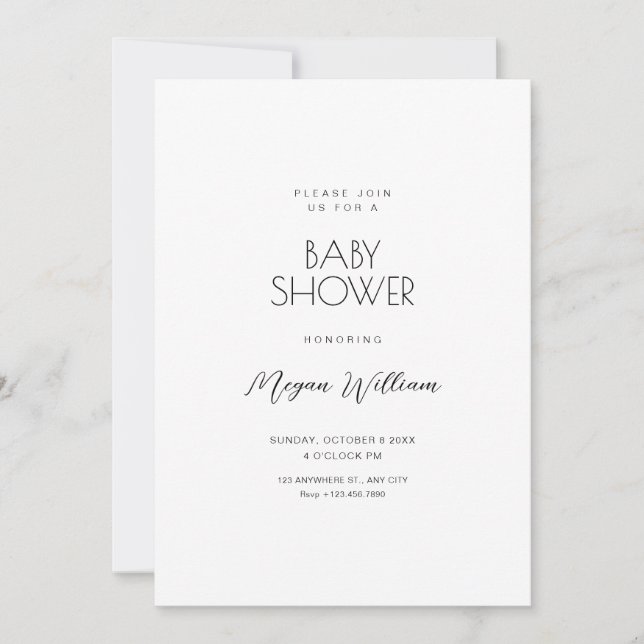 Eine einfache, weiße, minimalistische Babydusche Einladung (Vorderseite)