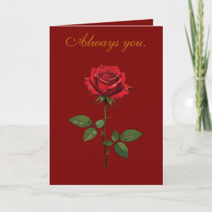 Eine einzelne rote Rose mit Morgentau Karte