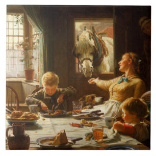 Eine Familie (der Esel wird Gefüttert) Fliese