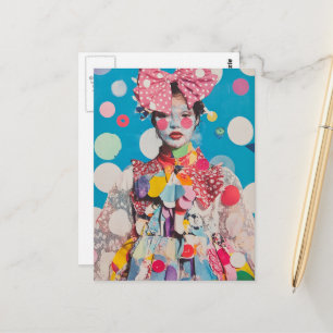 Eine farbenfrohe Dame mit einer großen Schleife un Postkarte