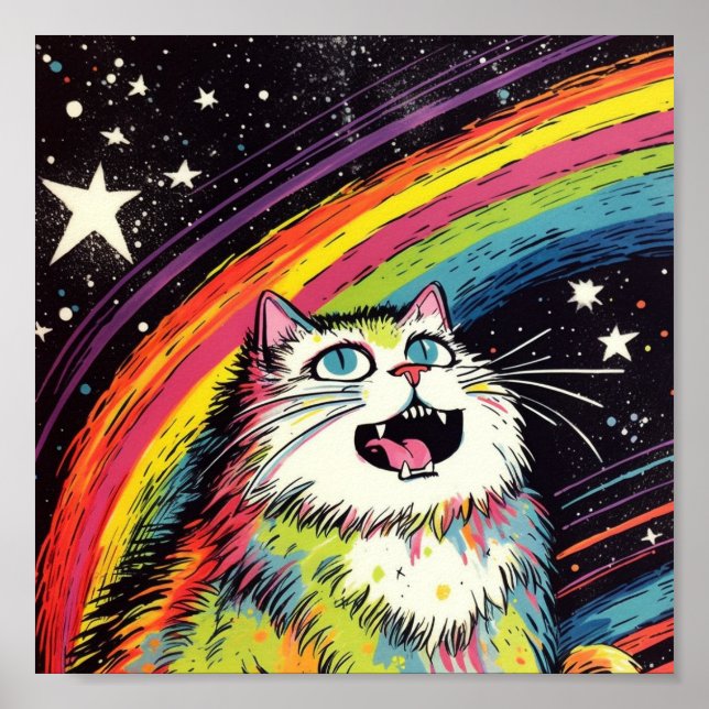 Eine farbenfrohe Fluffy Cat im Weltraum Poster (Vorne)