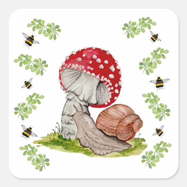 Eine farbenfrohe Waldfliege und eine Schnecke Quadratischer Aufkleber (Vorderseite)