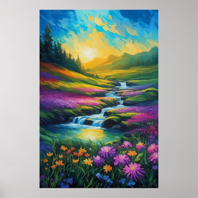 Eine farbenfrohe Wiese und ein rauschender Strom Poster (Vorne)