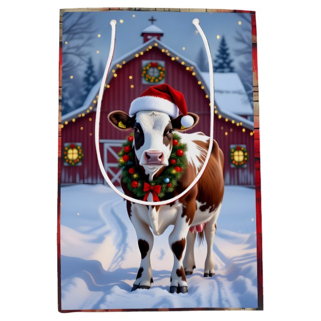 Eine festliche Kuh in der Weihnachtsmannmütze Weih Mittlere Geschenktüte (Vorderseite)