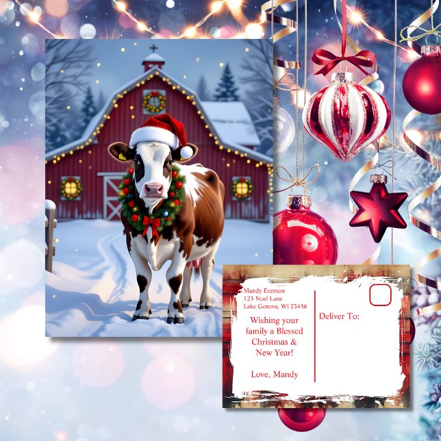 Eine festliche Kuh in der Weihnachtsmannmütze Weih Postkarte (Von Creator hochgeladen)