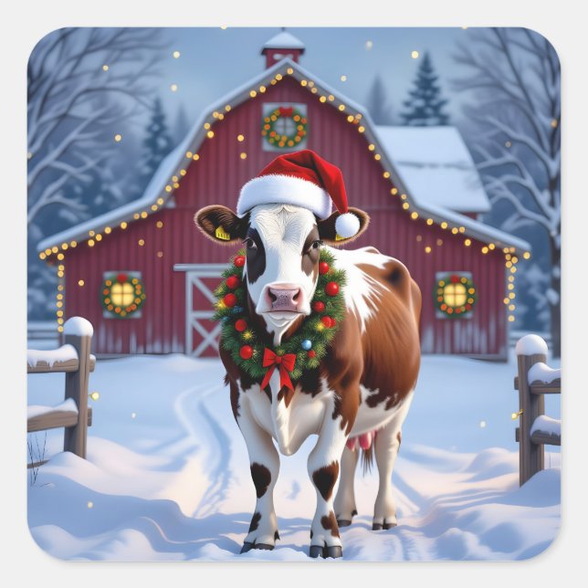 Eine festliche Kuh in der Weihnachtsmannmütze Weih Quadratischer Aufkleber (Vorderseite)
