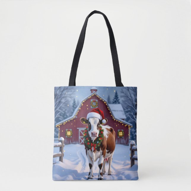Eine festliche Kuh in der Weihnachtsmannmütze Weih Tasche (Vorderseite)