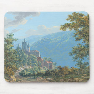 Eine Festung in einer Bergwelt beim Sonnenaufgang Mousepad