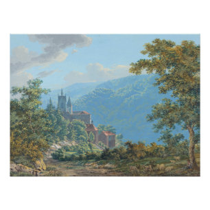 Eine Festung in einer Bergwelt beim Sonnenaufgang Poster