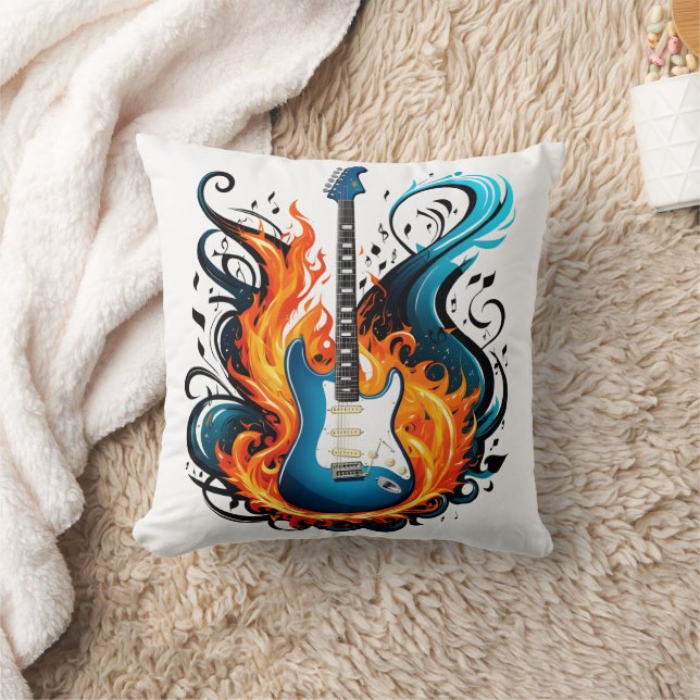 Eine feurig blaue Gitarre, umgeben von Flammen Kissen (Decke)