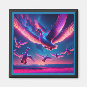 Eine Flock rosa Neongans zieht sich in den nächtli Magnet