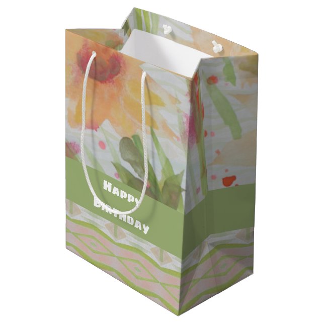Eine florale Papiergeschenktüte Mittlere Geschenktüte (Rückseite Schrägansicht)