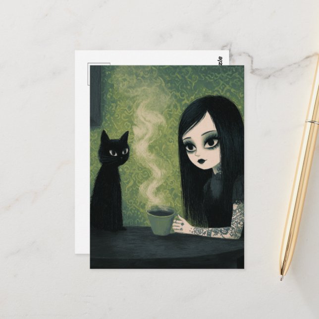 Eine Frau, die Kaffee und ihre schwarze Katze geni Postkarte (Vorderseite/Rückseite Beispiel)