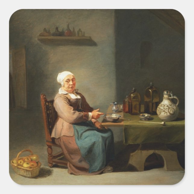 Eine Frau in der Küche Quadratischer Aufkleber (Vorderseite)
