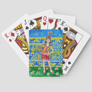Eine Frau in traditioneller Kleidung Spielkarten