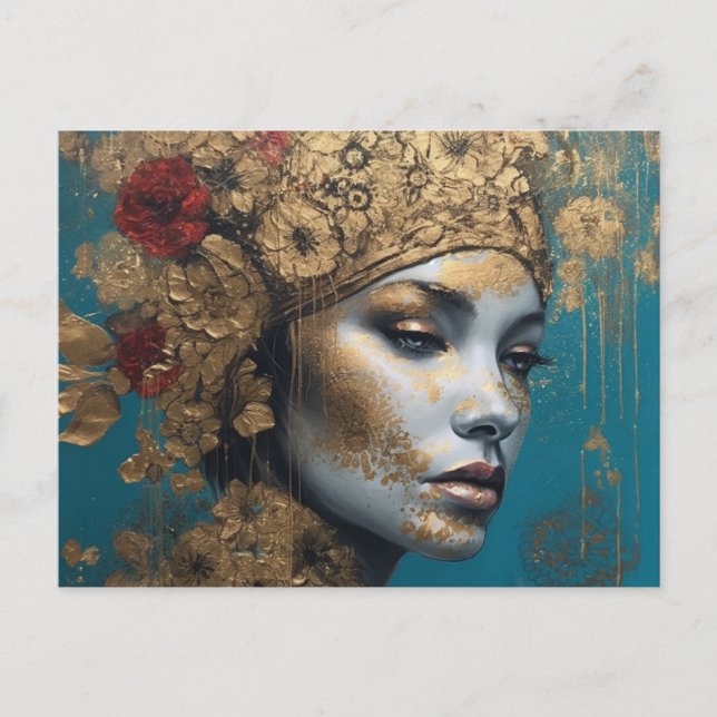 Eine Frau mit Gold und Blume Postkarte (Vorderseite)