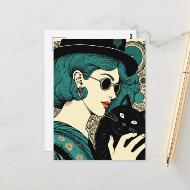 Eine Frau mit ihrer schwarzen Katze  Postkarte (Vorderseite/Rückseite Beispiel)