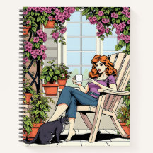 Eine Frau mit Kaffee, Katze und Pflanze