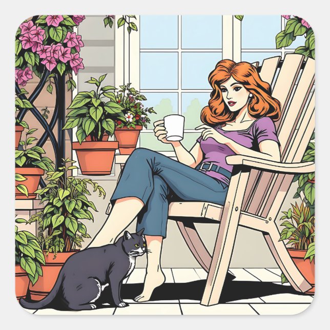 Eine Frau mit Kaffee, Katze und Pflanze Quadratischer Aufkleber (Vorderseite)