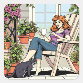 Eine Frau mit Kaffee, Katze und Pflanze Quadratischer Aufkleber