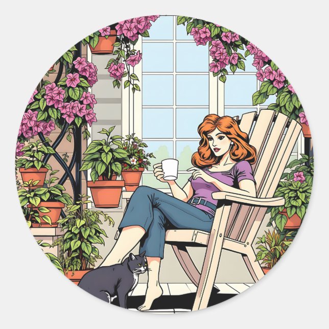 Eine Frau mit Kaffee, Katze und Pflanze Runder Aufkleber (Vorderseite)
