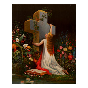 Eine Frau mit Kreuz betet. Poster