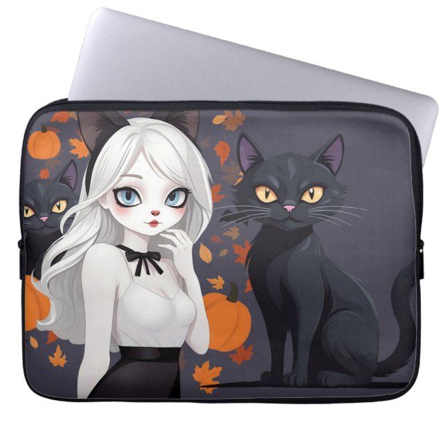 Eine Frau mit schwarzer Katze. Laptopschutzhülle (Vorderseite)