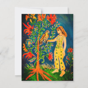 Eine Frau steht neben einem fantastischen Baum RSVP Karte