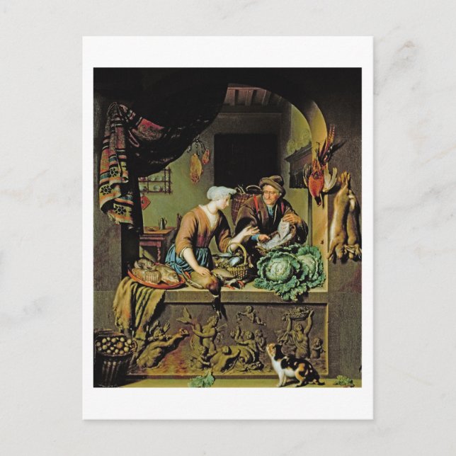 Eine Frau und ein Fischer-Pedler, 1713 (Öl auf Taf Postkarte (Vorderseite)