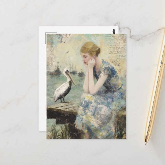 Eine Frau und eine Pelikan-Mischmedien-Collage Postkarte (Vorderseite/Rückseite Beispiel)