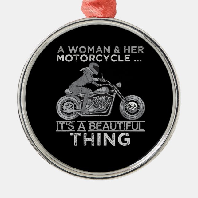 Eine Frau und ihr Motorrad-Kunstgeschenk für Biker Ornament Aus Metall (Vorne)