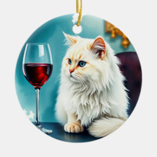 Eine Frau Wein/ und ihre Katze Keramik Ornament