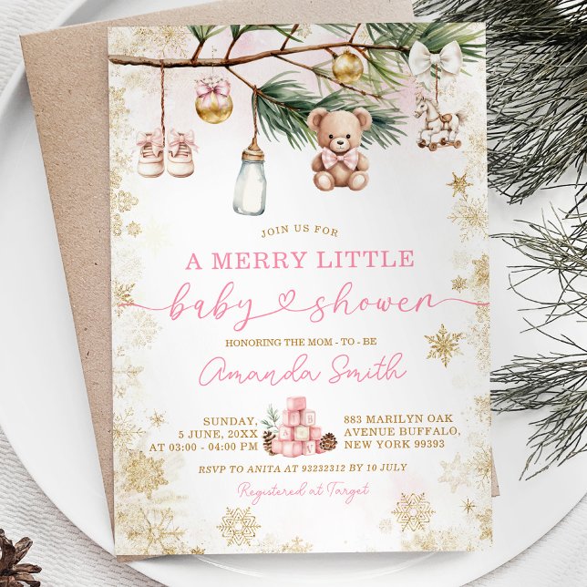 Eine frohe kleine goldene Weihnachts-Pink-Babydusc Einladung (Von Creator hochgeladen)