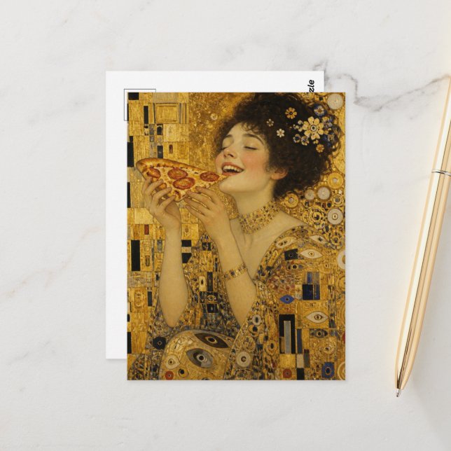 Eine fröhliche Dame mit Pizzastück Postkarte (Vorderseite/Rückseite Beispiel)