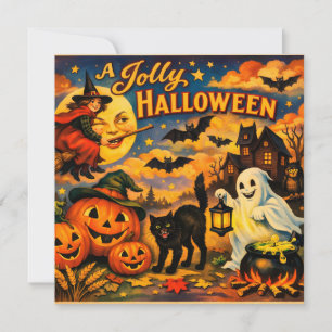 Eine fröhliche Halloween-Vintage-Hexe, Geist, Kürb Karte