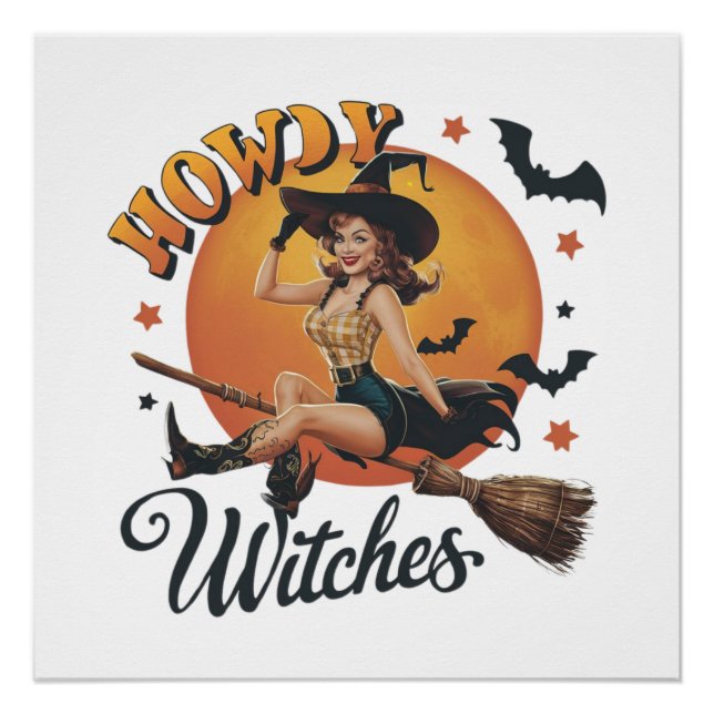 Eine fröhliche Hexe, die auf einem Broomstick reit Poster (Vorderseite)