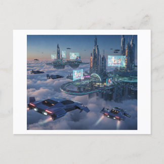 . Eine futuristisch schwebende Stadt über den Wolk Postkarte