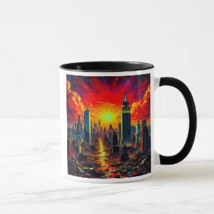 Eine futuristische Stadt unter einem brennenden Hi Tasse