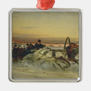 Eine galoppierende Winter-Troika an der Dämmerung Silbernes Ornament