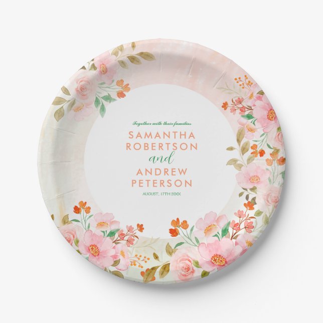 Eine Gartenromane: Hochzeit mit rosa und grünem Wa Pappteller (Vorderseite)