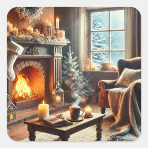 Eine gemütliche Winterlandschaft am Kamin Quadratischer Aufkleber