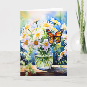 Eine Glass-Vase von Daisis und ein Monarch Butterf Karte