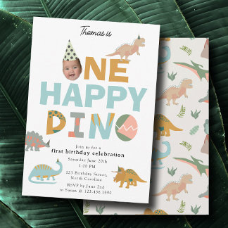 Eine glückliche Dino-Dinosaurier-Einladung zur 1.  Einladung