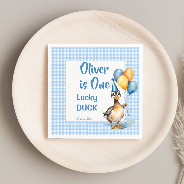 Eine glückliche Ente mit blauen Gingham Geburtstag Serviette (One lucky duck blue gingham birthday party printed napkins template cute mallard duck balloons)