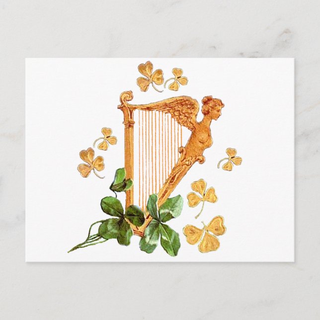 Eine goldene irische Harfe umgeben von Kleeblätter Postkarte (Vorderseite)