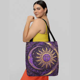 Eine goldene Sonne und ein halbmondfarbener Mond Tasche